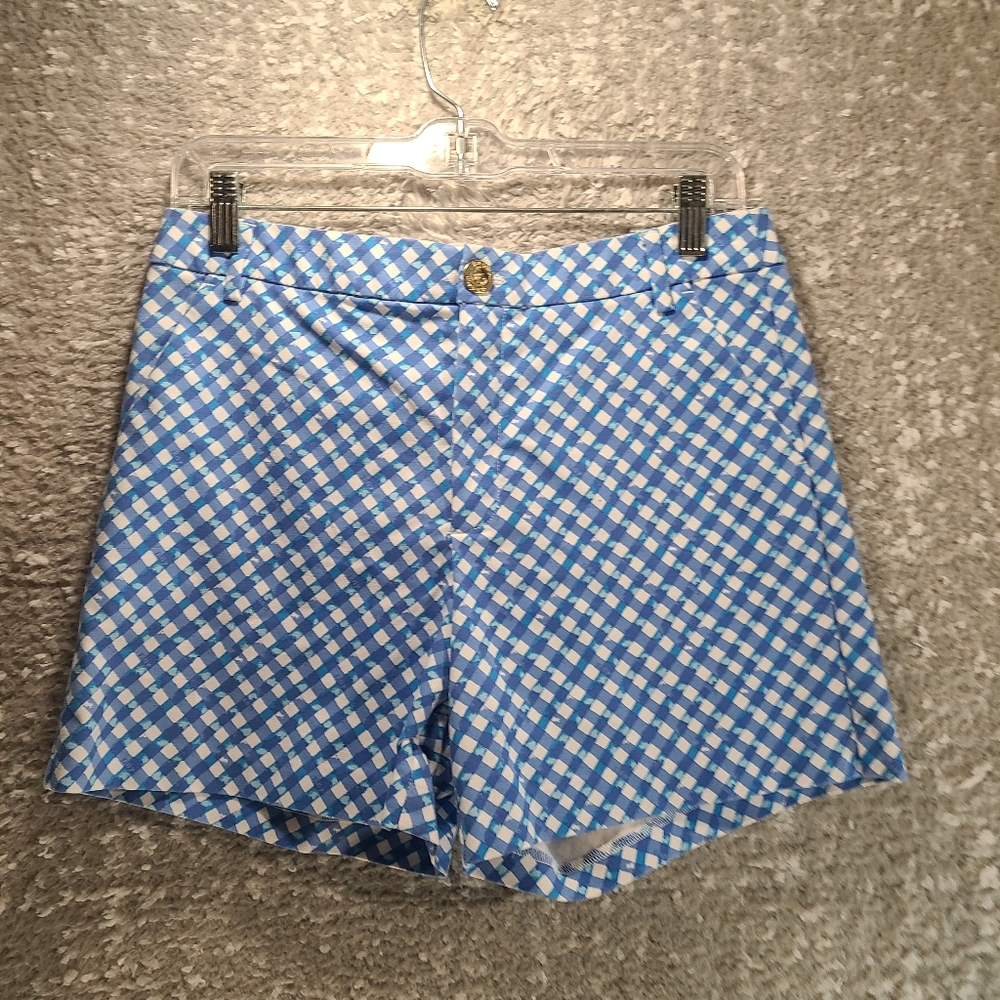 Lilly Pulitzer Gretchen High Rise Shorts 6 Blue White Plaid Pockets Logo‎ Cotton